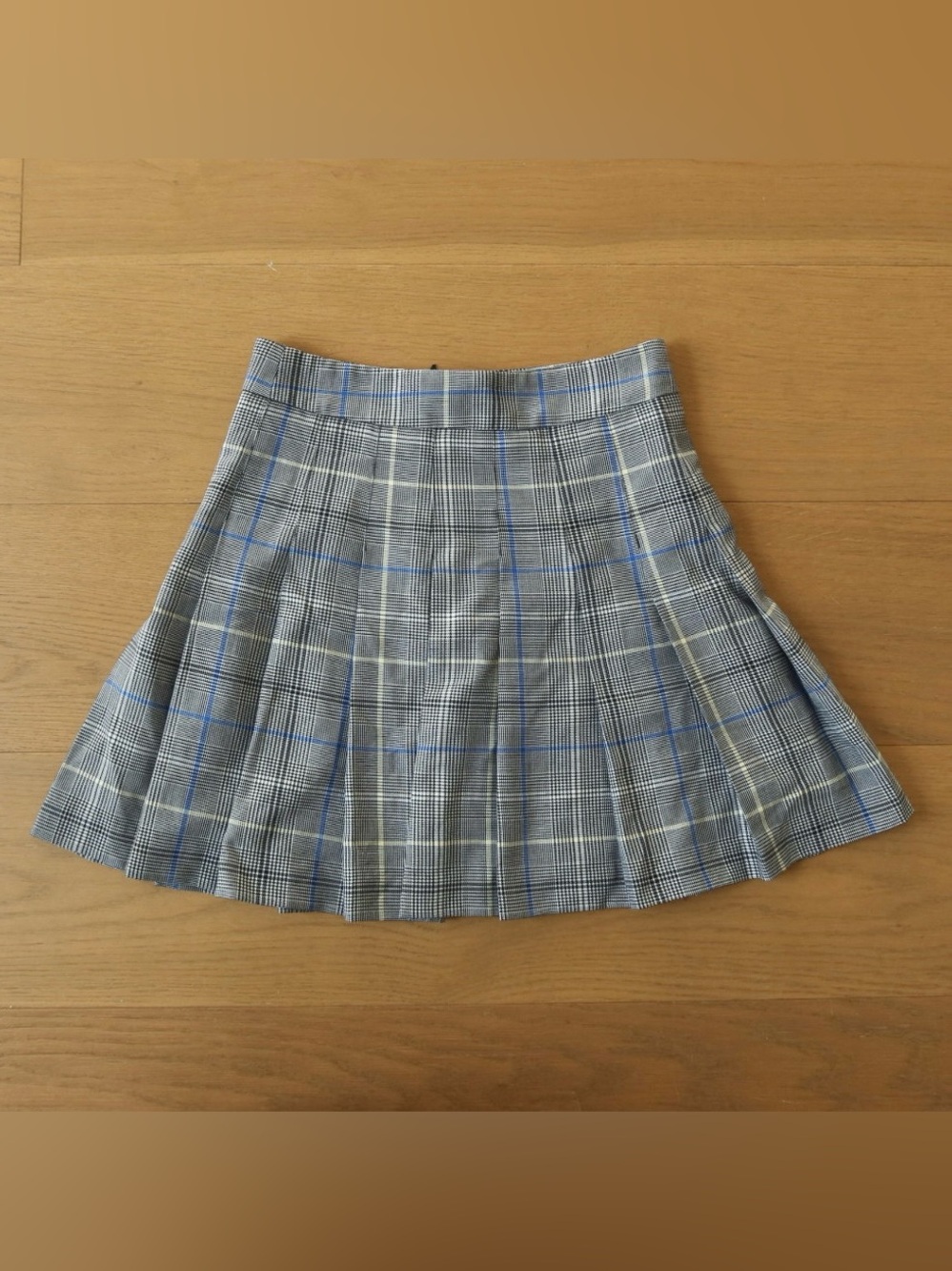Sunday Best Gray Plaid Pleated Skirt with Blue & Cream Lines